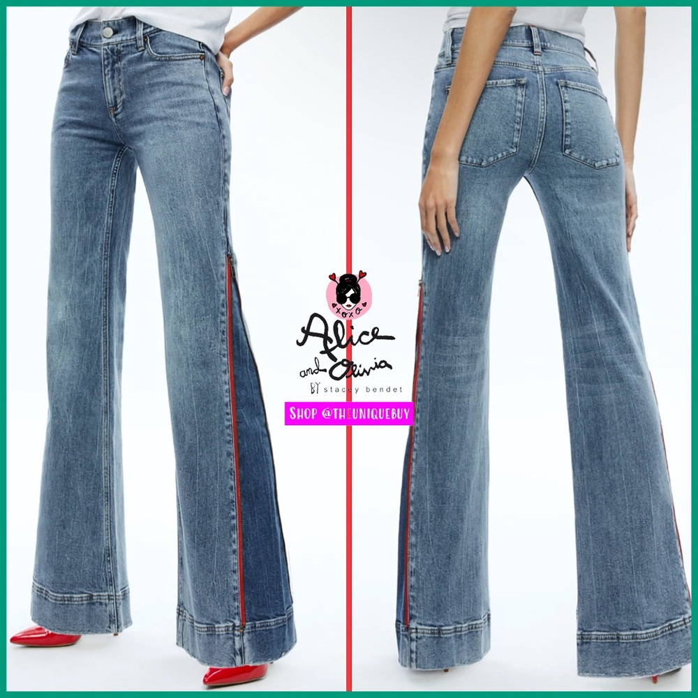 Alice + Olivia Rey Side Zipper Blue Red Wide Leg Jeans